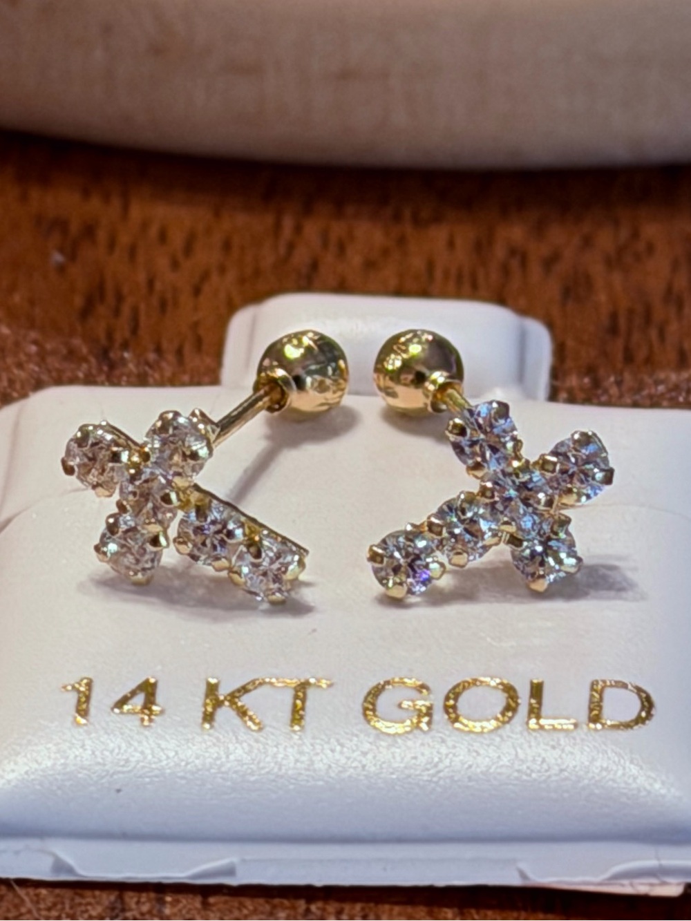 Solid Gold 14 Karat Cross Cz  Earring .